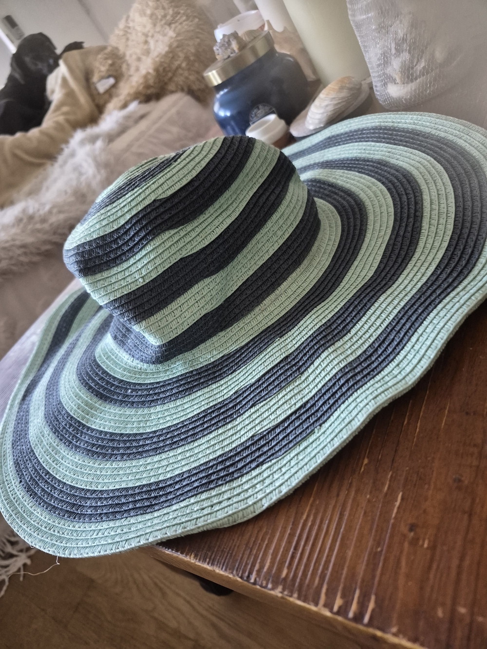 J. Crew Mint Green and Black Striped Wide Brim Sun Hat